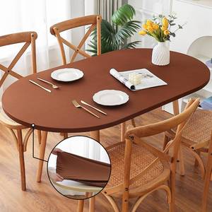 lot 14312 image: Limalred Fitted Spandex Oval Tablecloth, Soft Skin Friendly Non Pilling Breathable Fabric Table Cover with Elastic Band for Dining Gathering Party Banquet Decoration 48 x 72 Inch Brown