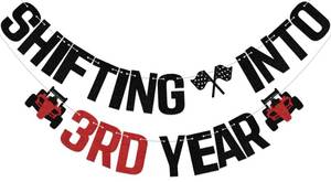 lot 14334 image: KEWUFD Shifting into 3rd Year Banner Racing Car Theme 3rd Birthday Party Decorations for Boy Black Glitter