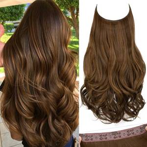 lot 14352 image: SARLA Invisible Wire Hair Extensions with 3 Clips Long Wavy Curly Synthetic Hairpiece for Women Adjustable Transparent Headband 22 Inch Chocolate