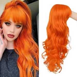 lot 14381 image: Dai Cloud Orange Wig with Bangs for Women Long Curly Wavy Heat Resistantant Silky Ginger Wigs Cosplay Halloween Daily Use (Orange)