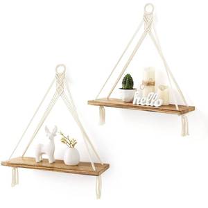 lot 15548 image: Mkono Macrame Hanging Shelves Boho Wall Decor Set of 2 Rustic Wood Floating Storage Shelf for Bedroom Bathroom Living Room Nursery Dorm Room, Display Shelving for Hanging Plants Photos