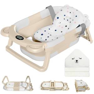 lot 15555 image: MoreFeel Collapsible Baby Bathtub for Newborn with Thermometer & 1 Hooded Towel & 1 Soft Floating Cushion,Portable Travel Bathtub with Drain Hole, Durable Foldable Baby Tubs for Infants to Toddler