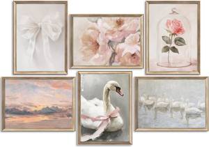 lot 16075 image: Xynvor 6Pcs Pink Coquette Canvas Wall Art Preppy Girl Room Posters Artwork Swan Bow Rose Floral Painting Pictures Wall Decor for Girls Bedroom College Dorm Home Decoration 8x10in Unframed