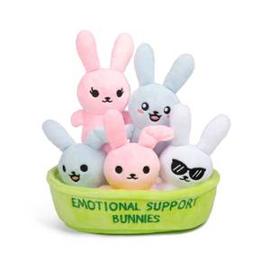 lot 16105 image: WHAT DO YOU MEME Emotional Support Bunnies by Relatable, Cuddly Stuffed Animals and Toys, Squishy Toys and Plushies, Great Ideas for Loved Ones of All Ages, Includes 5 Plushies with Carrying Basket