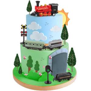 lot 16129 image: 12Pcs Train Cake Toppers Train Cake Decorations with Traffic Track Railway Lights Sign for Trains Themed Birthday Party Decorations Transport Themed Party Supplies