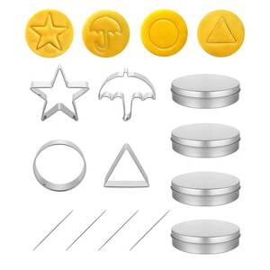 lot 16140 image: Korean Dalgona Candy Making Kit - 12pc Stainless Steel Sugar Cookie Cutters, Korean Drama Inspired Baking Tools (CircleTriangleUmbrellaStar), Baking Challenge Game Tools
