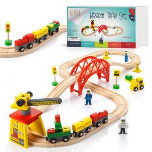 lot 19332 image: KipiPol Wooden Train Sets for Boys 2-4-7 �� 38 Pcs Wood Train Set for Toddlers wCrane, Bridge & Wooden Train Tracks �� Train Toys for 3 Year Old Boys & Girls �� Fits Thomas Brio IKEA Melissa and Doug