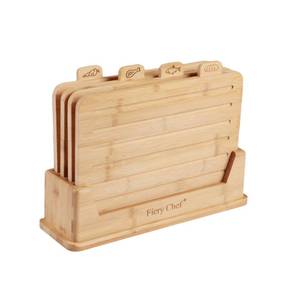 lot 19333 image: Fiery Chef 14.56L x 11W Bamboo Cutting Board Set of 4 - Wood Cutting Board Set with Holder, Chopping Boards Set with Food Icons, Juice Groove - Ideal for Meat, Fish, Bread, Vegetable, Fruit Chopping