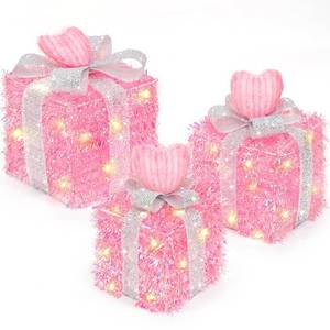 lot 19341 image: Timer & 8 Mode 3 Pack Pink Valentines Decorations Valentines Lighted Gift Boxes with Hearts Glitter Bow 60 LED Battery Operated Present Box Tree Skirt Pink Decor Room Wedding Valentines Gifts