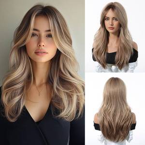 lot 20201 image: Tumhorn Light Brown Layered Wig with Curtain Bangs for Women Highlight Brown Mixed Blonde Wavy Wig Natural Looking Synthetic Heat Resistant Wigs for Daily Party Use