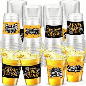 lot 20258 image: HABDJILTY 50 Pcs Happy New Year Plastic Cups, 2026 Black Gold Disposable 12 Oz New Years Eve Party Cups Bulk, Clear PET Cup for Snacks Ice Cream Beer Drinkware for Winter NYE Holiday Party Supplies