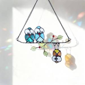 lot 20287 image: Stained Glass Birds,owl,Stained Glass Window Hanging,Multicolor Owls on The Living Tree with Green Leaf and red Berries,Bird suncatcher for Windows Room Home,Deco,Gift for Mom,and Bird Lovers.
