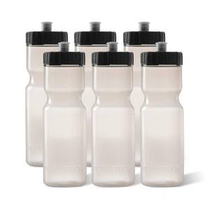 lot 20289 image: 50 Strong Sports Water Bottles 6-Pack �� Reusable 22 oz BPA-Free Plastic Bottles with Pull Top Cap �� Made in USA �� Top Rack Dishwasher Safe �� Fits Most Bike Cages Brand - Clear (1 Bottle missing stopper)