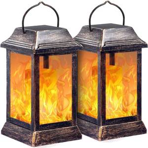 lot 3104 image: TomCare Solar Lights Metal Flickering Flame Solar Lantern Outdoor Hanging Lanterns Lighting Heavy Duty Solar Powered Waterproof LED Flame Lights for Outdoor Patio Garden, 2 Pack (Bronze)
