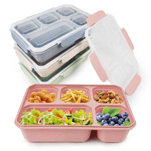 lot 3119 image: greenandlife 4 Pack Bento Lunch Box Set for Kids Adults, 5 Compartment Reusable Wheat Straw Meal Prep Food Storage Snack Containers, Microwave and Dishwasher Safe, INS