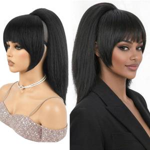 lot 4314 image: Allyreetress Yaki Drawstring Ponytail Extension with Bangs Natural Looking Ponytail Wig for Black Women Clip in Ponytail Hairpiece for Daily and Party(1B)