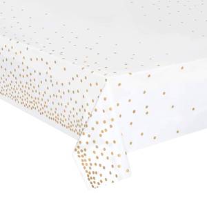 lot 4338 image: hapray 4 Pack Plastic Tablecloths for Rectangle Tables, Waterproof Disposable Party Table Cloths with Gold Dot, Rectangular Table Covers for Decorations, Baby Shower, Birthday, Wedding, New Year