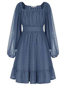 lot 4362 image: Girls Dress Long Sleeve Ruffle Off Shoulder A-Line Vintage Midi Dress Steel Blue 8Y