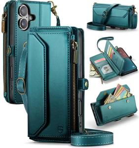 lot 4417 image: Strapurs Wallet Case Compatible with iPhone 16 6.1 RFID Blocking 7-Card Holder Soft PU Leather Magnetic Snap Shoulder Strap Zipper Pocket Phone Case Fit for iPhone 16 for Women - Blue Green