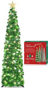lot 4421 image: HMASYO 5 FT Pop Up Christmas Tree with Timer Lights, Green Christmas Tinsel Tree, Collapsible Artificial Pencil Christmas Tree for Indoor Home Apartment Porch Holiday Party Decorations
