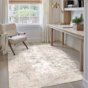 lot 7787 image: WondRg 4x5 Washable Area Rug Beige Grey Abstract Entryway Office Throw Rug Neutral Modern Non Slip Soft Low Pile Indoor Carpet for Living Room Bedroom Kitchen Entrance
