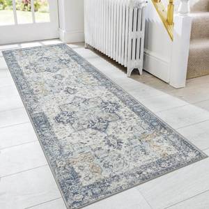 lot 7792 image: GENIMO Runner Rug 26x8, Non Slip Vintage Hallway Runner Rugs, Low Pile Lightweight Machine Washable Mat for Hallway, Entryway, Bedroom, Kitchen and Corridor, Blue