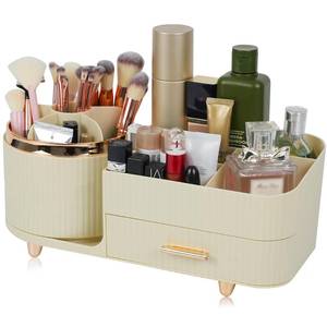 lot 7801 image: Zufudo Makeup Organizer Countertop with Drawer 360 Rotating Brush Holder Storage Large Capacity Skincare Cosmetic Display Cases for Vanity Bathroom Desktop, Model 3016 Cream