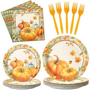 lot 8484 image: 96Pcs Fall Party Decorations, Disposable Green Orange Pumpkin Plates and Napkins Sets, Rustic Autumn Paper Dinnerware for Harvest Party Thanksgiving Fall Decor, Serves 24 Guests