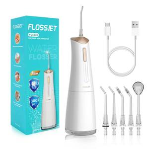 lot 8487 image: FlossJet Water Dental Flosser Cordless Oral Irrigator with 300ml 5 Tips 4 Modes USBCharger Portable Travle Irrigation Cleaner IPX7 Electric Irrigador Dental for Teeth Cleaning (White)