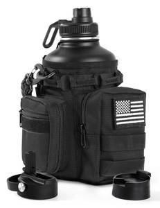 lot 11664 image: banloga Tactical Half Gallon Water Bottle with Straw, 64 Oz Insulated Water Jug with Molle Water Bottle Holder, Stainless Steel Sport Bottle with 3 BPA Free Lids for Gym Workout Hiking (Black)
