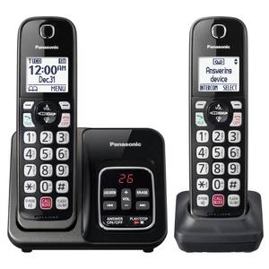 lot 11670 image: Panasonic Cordless Phone with Answering Machine, Advanced Call Block, Bilingual Caller ID and High-Contrast Display, Expandable System with 2 Handset Cordless Telephones - KX-TGD832M (Metallic Black)