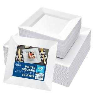 lot 11678 image: 60 Plastic Square Plates for Party �� 30 Dinner 9.5 & 30 Salad 6.5 White Heavy Duty Disposable Plates Set Reusable �� Fancy Elegant Decorative Sturdy Premium Hard Nice Plate for Wedding Baby Shower