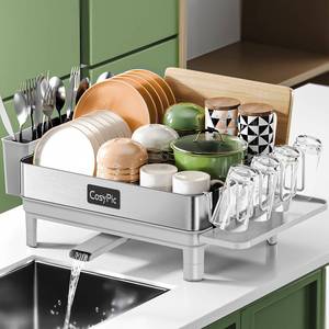 lot 11690 image: CosyPic Dish Racks, Thicker Premium 304 Stainless Steel Dish Drying Rack for Kitchen Counter, Automatic Drainage Spout, Dish Drainer & Drainboard Set with Utensil Holder and Cup Holder, Grey