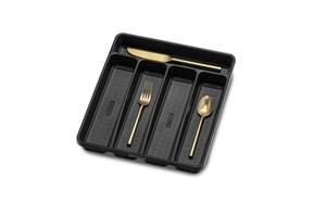 lot 11708 image: madesmart Small Silverware Tray, Compact 5 Compartment Flatware Organizer for Forks, Knives & Spoons, Non Slip, Soft Grip Lining, Fits Small Drawers, Black