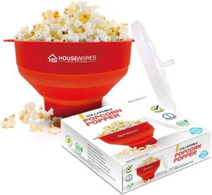 lot 11721 image: Collapsible Silicone Microwave Hot Air Popcorn Popper Bowl With Lid and Handles - Red