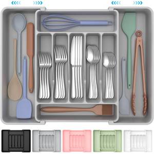 lot 11745 image: ukeetap Extra Large Expandable Silverware Organizer, BPA-Free Food-Safe Cutlery Flatware Organizer, Kitchen Utensil Drawer Organizer, Adjustable Silverware Holder for Spoons Forks Knives, Gray