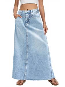 lot 11750 image: Fisoew Womens Vintage Denim Maxi Skirt Casual High Waist A-Line Frayed Hem Long Jean Skirt with Pockets
