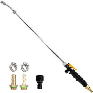 lot 12288 image: Hbaushun 28 Inch Sprayer Wand,14 & 38 Brass Barbs Universal Hose Sprayer Wand Replacement,Stainless Steel Sprayer Wand with Shut off Valve 2 Hose Clamps and 12 Hose Quick Connector