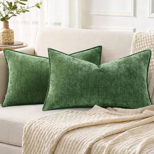 lot 12320 image: decorUhome Spring Couch Throw Pillow Covers 12x20 Set of 2, Decorative Soft Velvet Modern Cozy Chenille Lumbar Pillow Cases with Elegant Design for Sofa Bed Living Room Home Decor, Moss Green