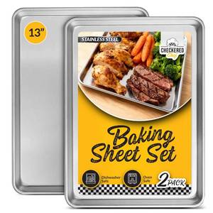 lot 13735 image: Checkered Chef Baking Sheet Set - 13 x 9.5 Stainless Steel Quarter Pans for Baking and Cooking (2 Pack)