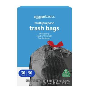 lot 13743 image: Amazon Basics 30 Gallon Flextra Strength Multipurpose Drawstring Trash Bags, 20% Post Consumer Recycled Material, Tear Resistant, Black, 50 Count