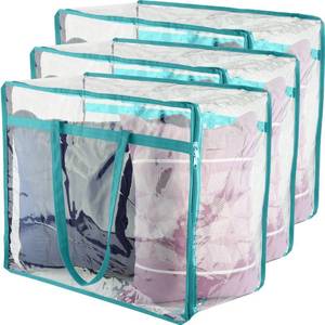 lot 13745 image: Clear Vinyl Zippered Storage Bags (3-Pack) 40L Sturdy Storage Bags for Sweaters, Blankets, Comforters, Bedding Sets and Much More (Turquoise, 18x15x9)