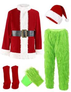 lot 13749 image: ADOMI Christmas Costume for Men Green Furry Monster 8PCS Deluxe Adult Santa Suit Xmas Outfit Set Halloween Holiday L