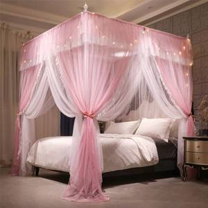 lot 13780 image: VETHIN 4 Corners Post Ruffle Princess Bed Canopy Curtain-Double Layer Cozy Drape Netting 4 Opening Mosquito Net for Girls Adults Bedroom Decoration (PinkWhtie,64 W82 L82HQueen)