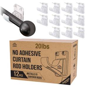 lot 14278 image: No Adhesive Heavy Duty Curtain Rod Holders with Wide Hook, 5X Stronger Than Adhesive Curtain Rod Hooks,Tension Curtain Rod Bracket for Wall with Pin Guide, Curtain Wall Mount (12 Pack, For 0.75 Rods)