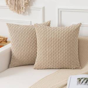 lot 14280 image: Kevin Textile Throw Pillow Covers Soft Corduroy Decorative Set of 2 Boho Striped Pillow Covers Pillowcases Farmhouse Home Decor for Couch Bed Sofa Living Room 18x18 Inch Beige