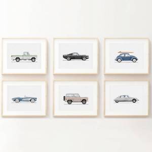lot 14394 image: Blue Car Wall Art Decor Boys Room Wall Art Vintage Cars Canvas Poster Pictures Toddler Kids Room Prints Watercolor Vehicle Artwork Painting for Boys Bedroom Nursery 12x16 Inch Unframed Set of 6