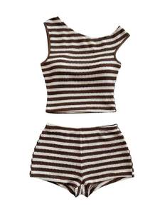 lot 14395 image: Verdusa Womens 2 Piece Striped Set Off Shoulder Tops and Shorts Summer Two Piece Going Out Beach Vacation Brown and White X-Small