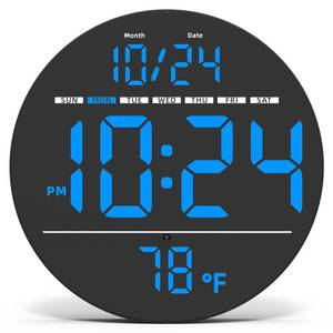 lot 14426 image: Digital Wall Clock with Large LED Display, Date, Temperature, Auto-Brightness  Small PLUG-IN Clock  Modern Electric Wall Clock for Bedroom, Classroom, Living Room, Home, Office, Farmhouse - Blue