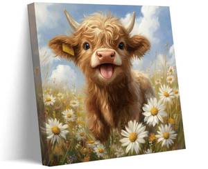lot 14436 image: Highland Cow Baby Daisies Canvas Wall Art Cute Little Highland Cow Wall Decor Picture Fascinating Animals Poster Print for Bedroom Childrens Room Nursery Artwork Home Decoration 12x12in